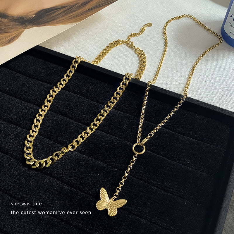 Unique Gold Plated Titanium Steel Butterfly Double Layer Necklace