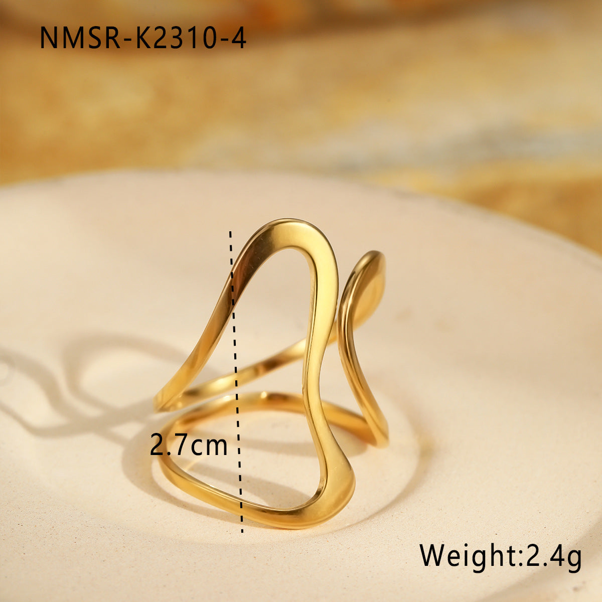 Anillo ajustable de acero inoxidable chapado para mujer con forma de onda minimalista