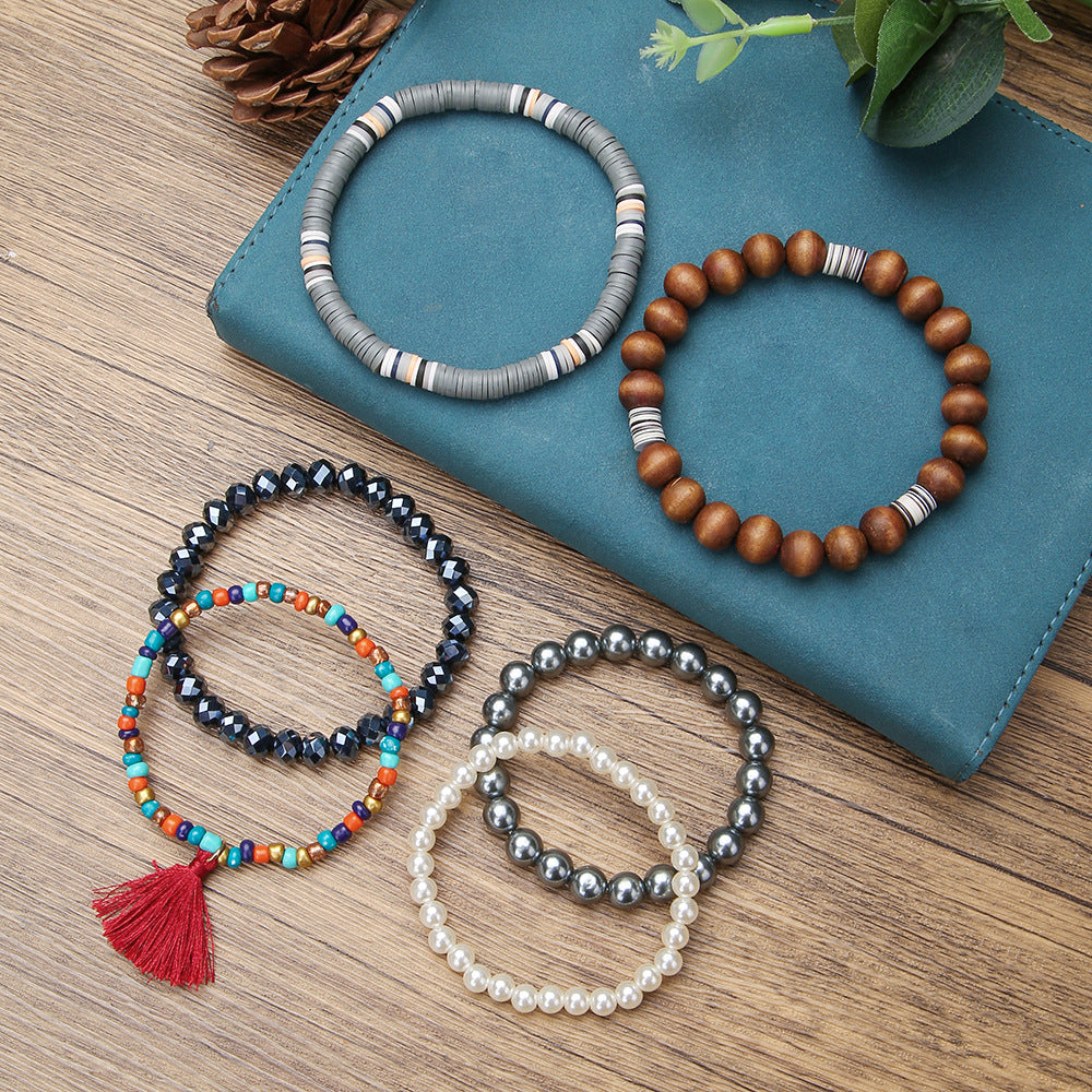 Bohemian Geometric Round Alloy Glass Wood Pearl Resin Bracelet Set