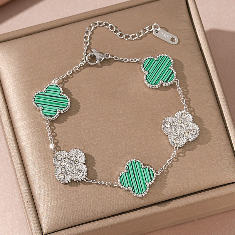 Bracciale Donna Lusso Stile Quadrifoglio in Acciaio al Titanio con Strass e Intarsio in Concha