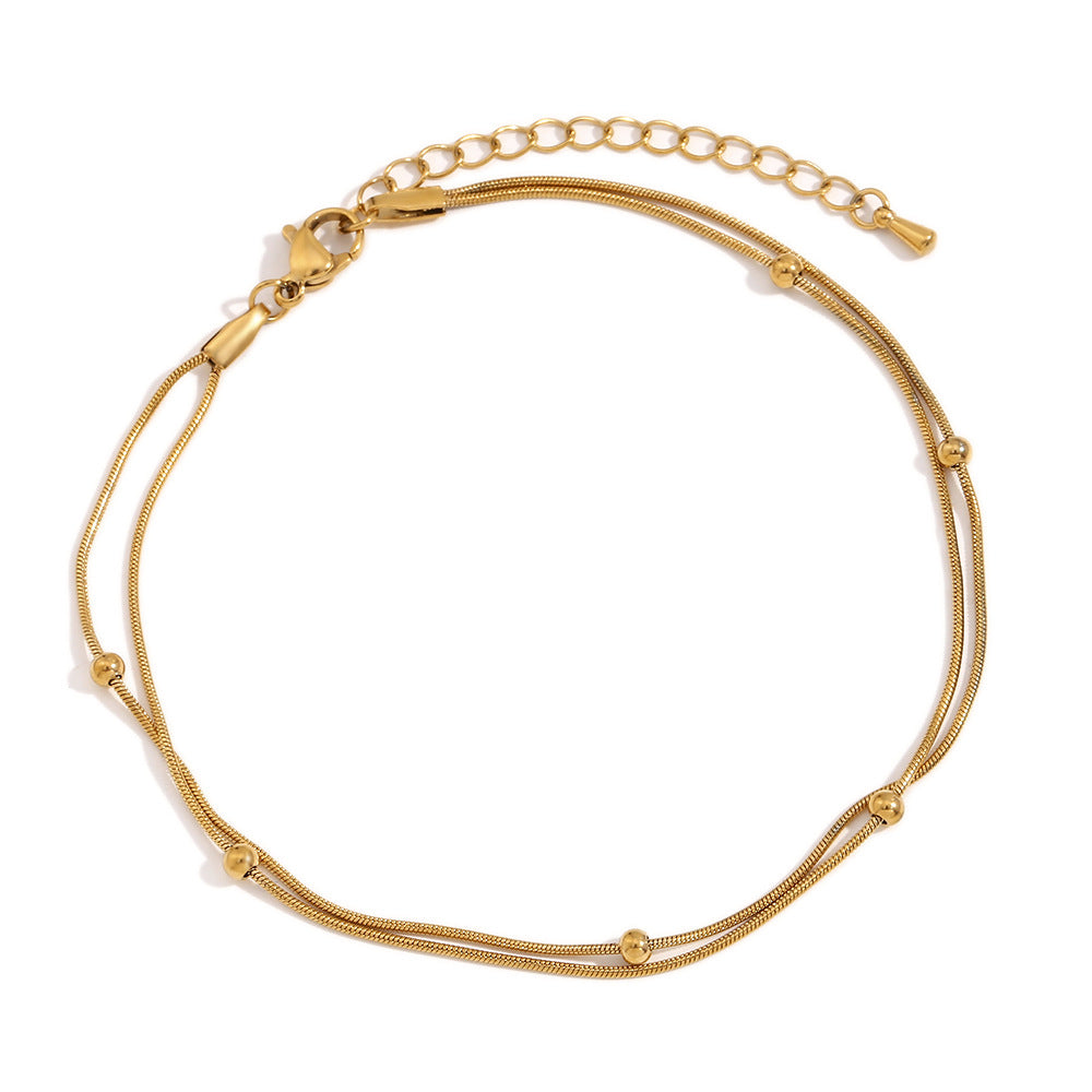 Minimalist Fashion Women's Stainless Steel Plated 18K Gold Double-Layer Round Bead Snake Chain Bracelet
