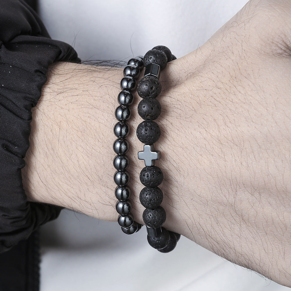 Minimalist Geometric Cross Volcanic Stone Tiger Eye Hematite Beaded Bracelet Unisex