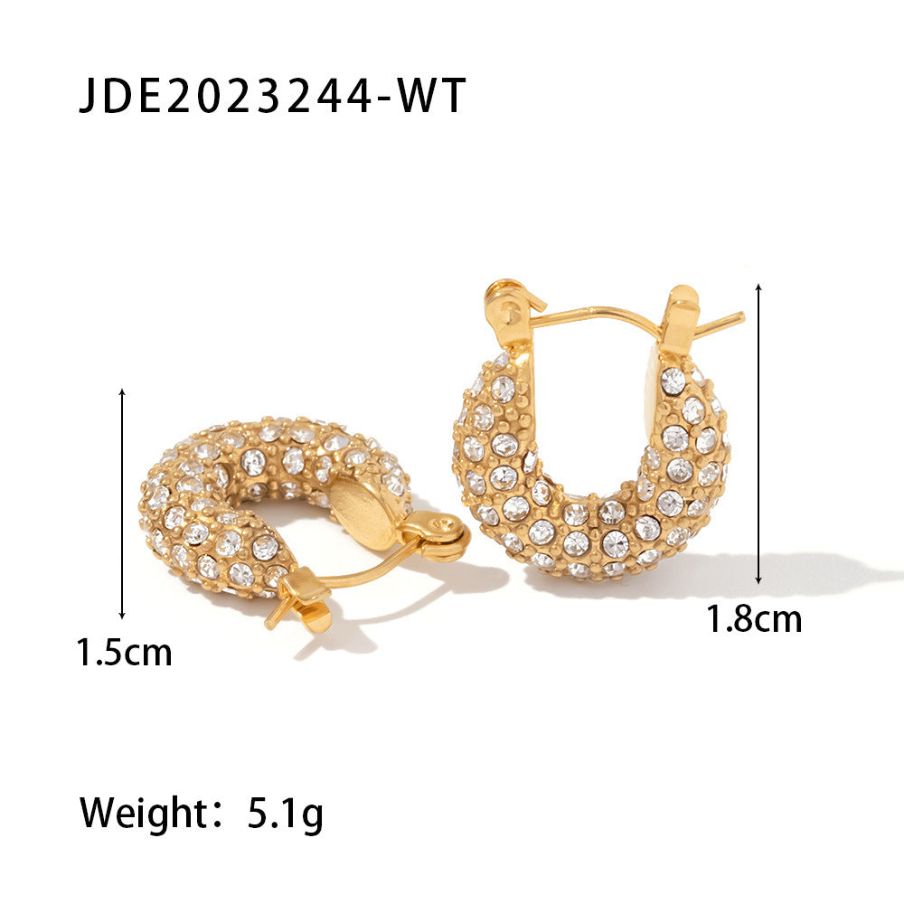Minimalist Geometric Stainless Steel Hoop Earrings with 18K Gold Plating and White Square Cubic Zirconia Inlay