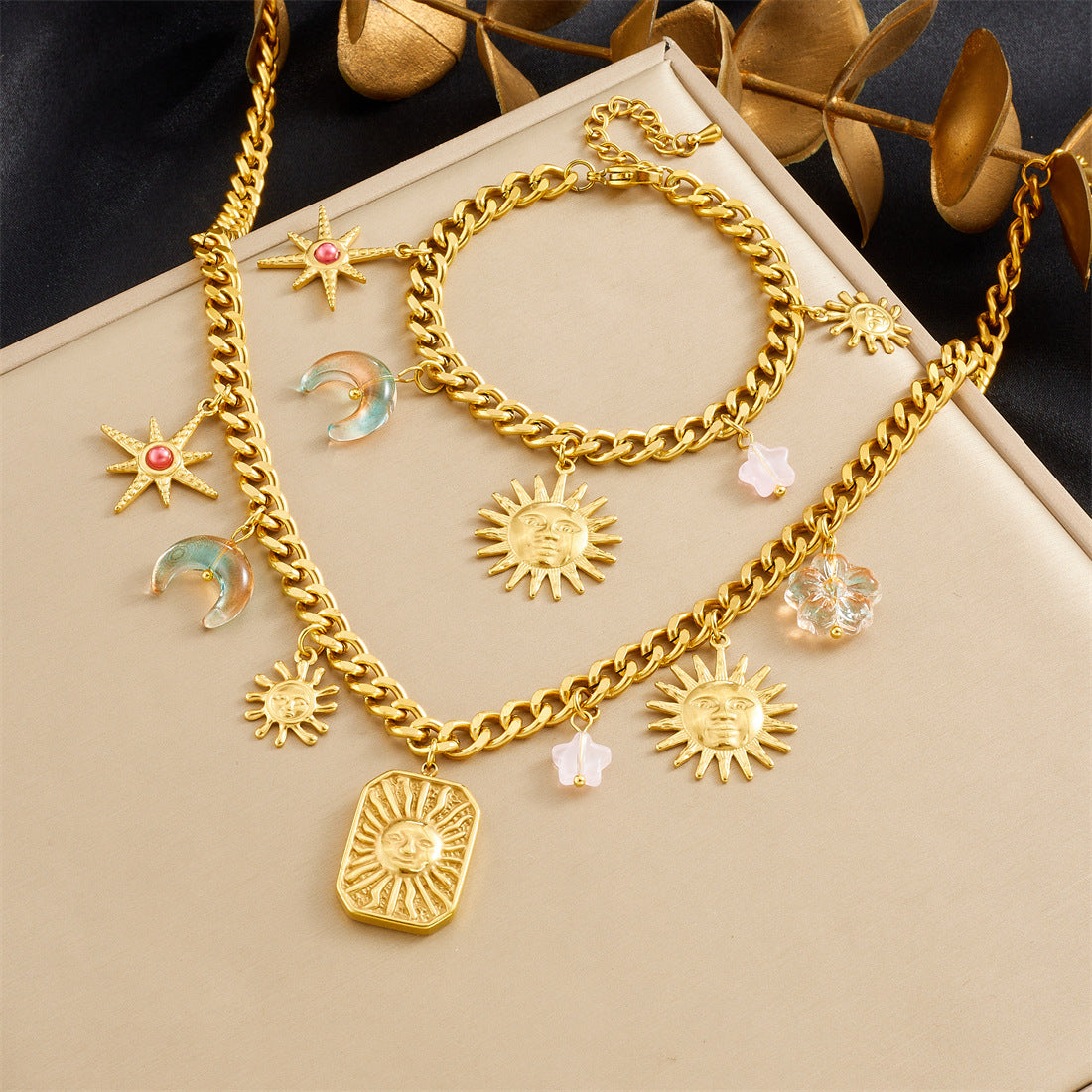 Fashion Gradient Acrylic Moon Star Flower Sun Gold Plated Stainless Steel Jewelry Set for Women