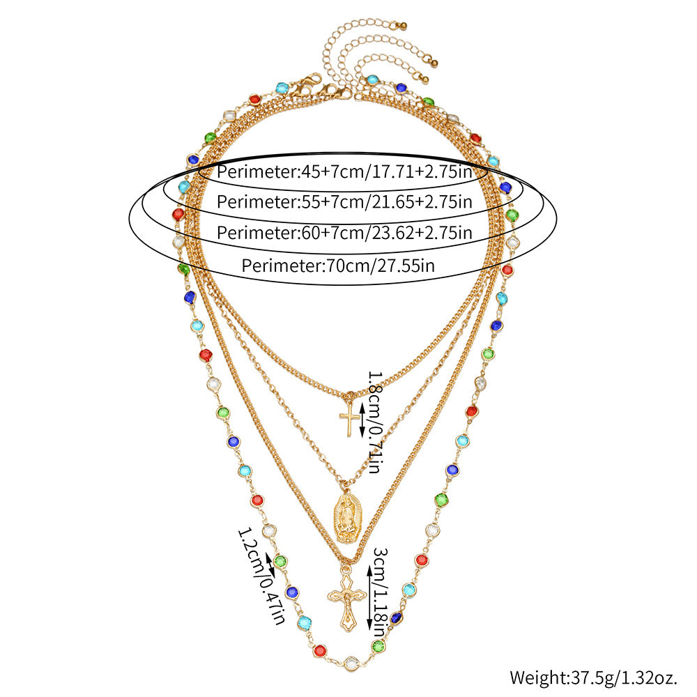 Colorful Rhinestone Cross Geometric Pendant Necklace Set with Cable Chain