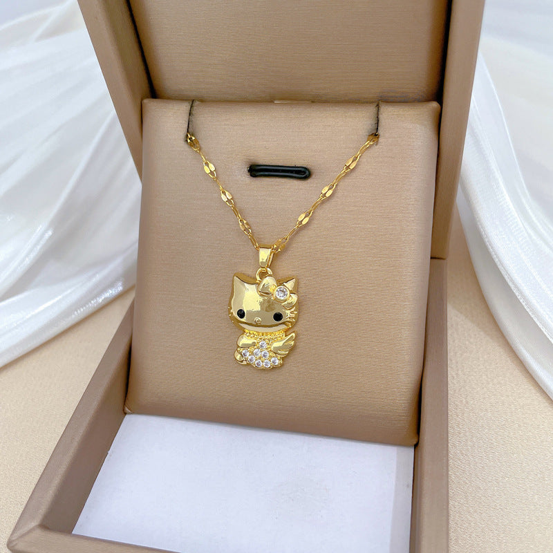 Collana con Pendente Lusso Ali Gatto Strass in Acciaio al Titanio Stile Geometrico Unisex