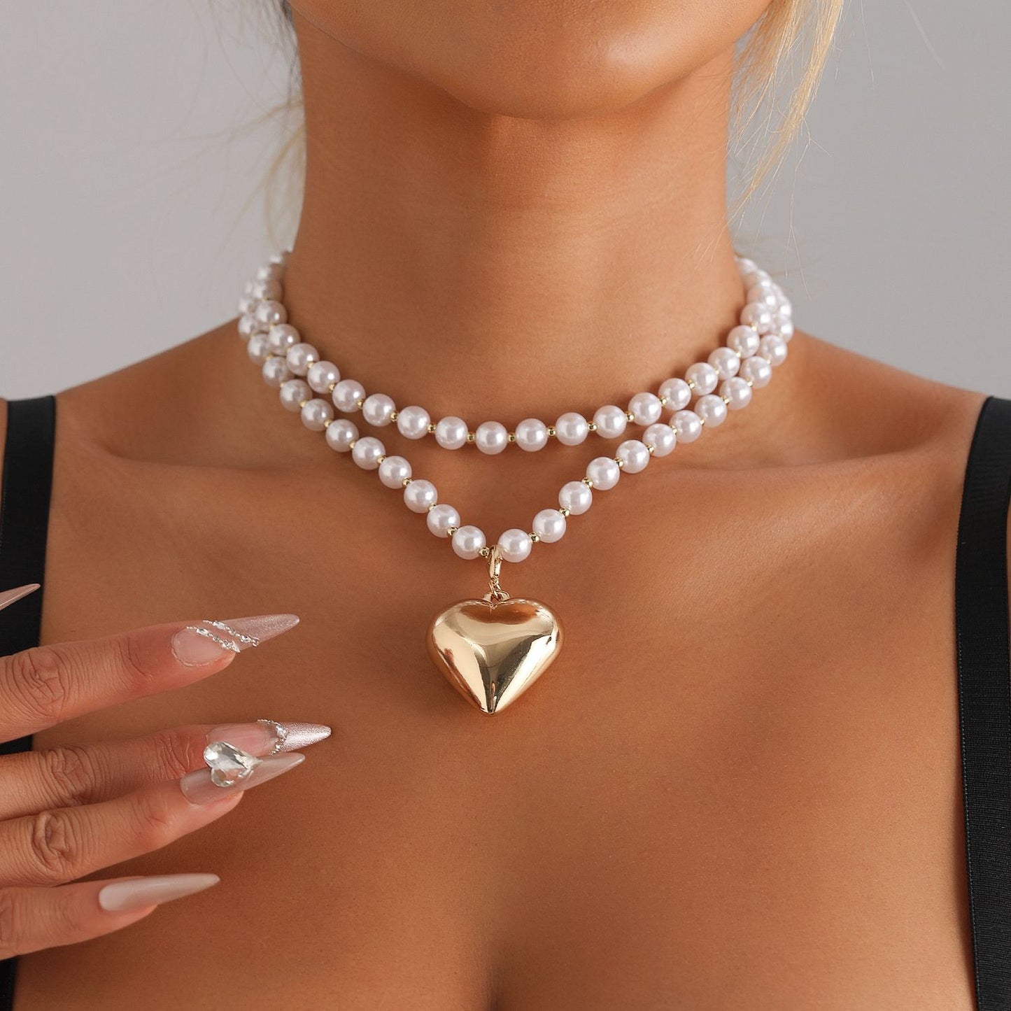 Minimalist Creative Pearl Necklace with Heart-Shaped Pendant, Electroplated Alloy Double-Layer Clavicle Chain for Women