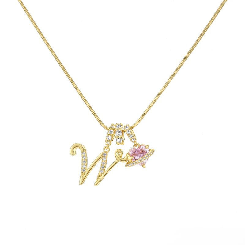 Sweet 22K Gold Plated Letter Titanium Steel Pendant Brass Cable Chain Necklace Unisex