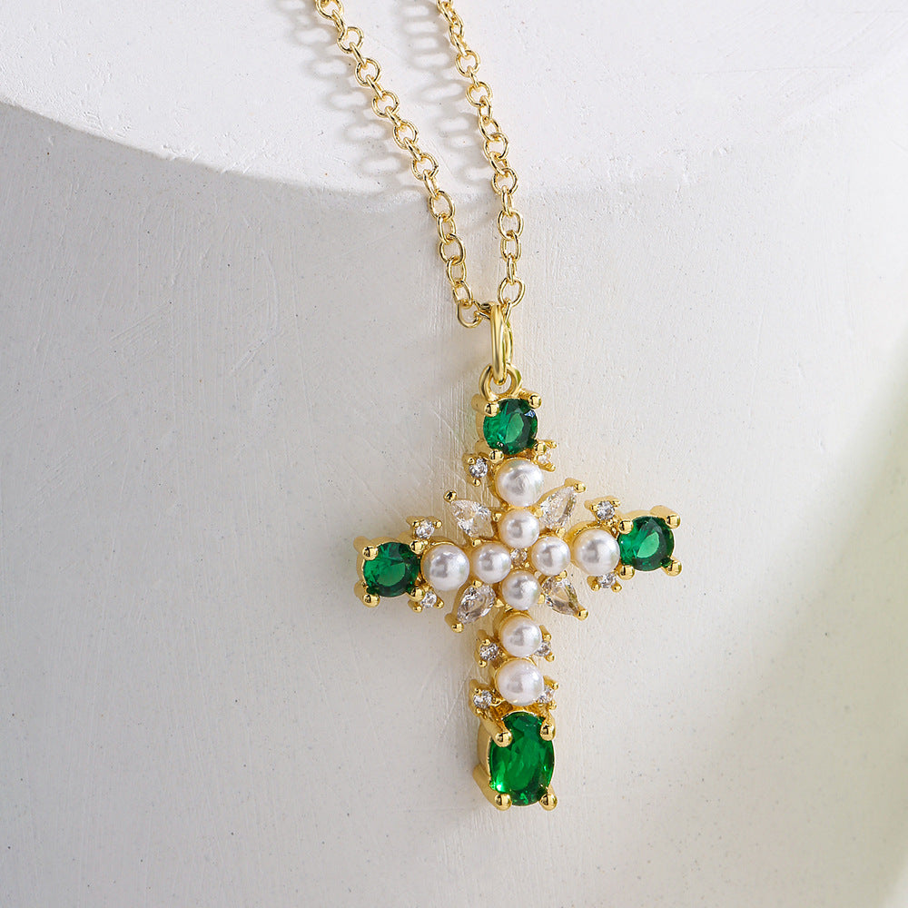 Minimalist Geometric Pendant Necklace for Women with Copper Base Plated in 18K Gold Micro-Paved Zirconia and Pearl Accent