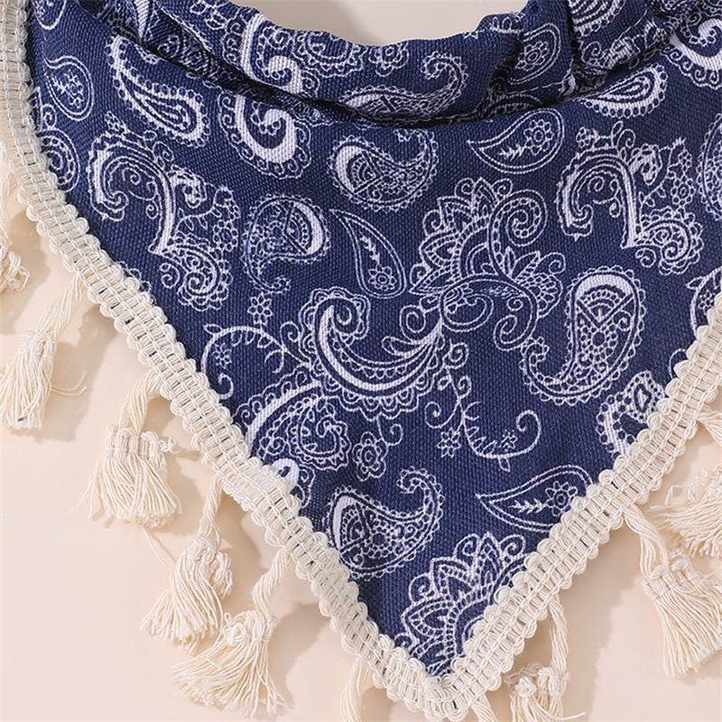 Bohemian Floral Print Headband for Kids with Lace Trim and Tassel Accents in Fabric Material