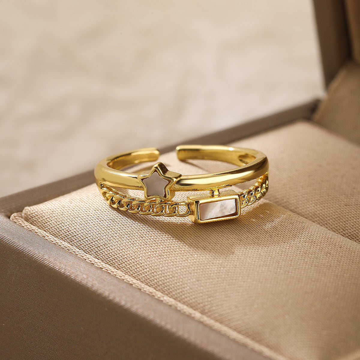 Minimalist Irregular Geometric Open Ring for Women in Copper with Gold Plating and Zircon Inlay