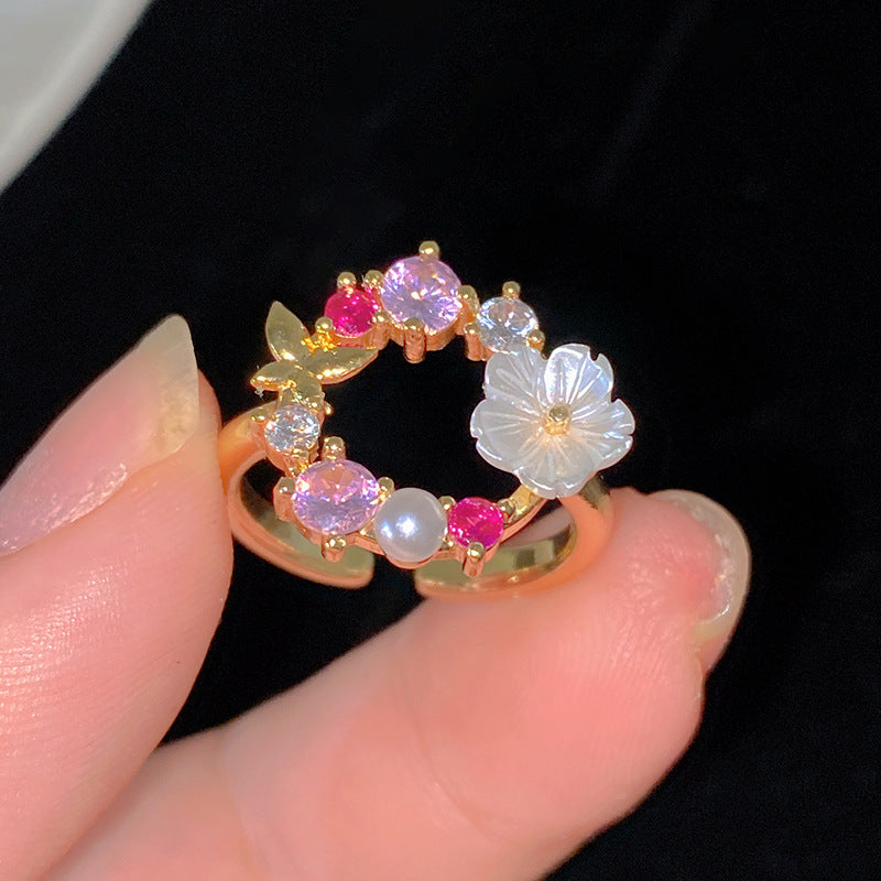 Minimalist Sweet Colorful Crown Flower Bow Teardrop Brass Ring with Cubic Zirconia Inlay for Women