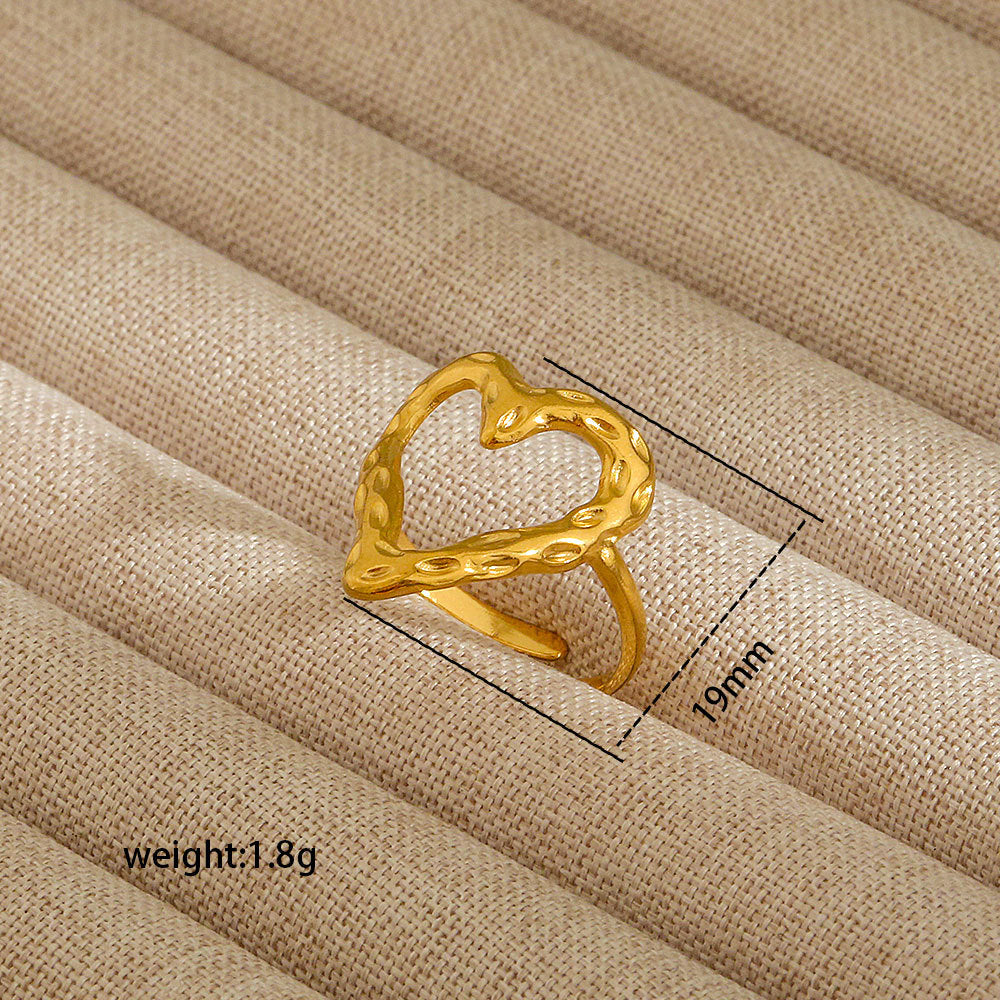 Anello aperto da donna in acciaio al titanio con forma geometrica e a cuore, stile INS, con finitura placcata