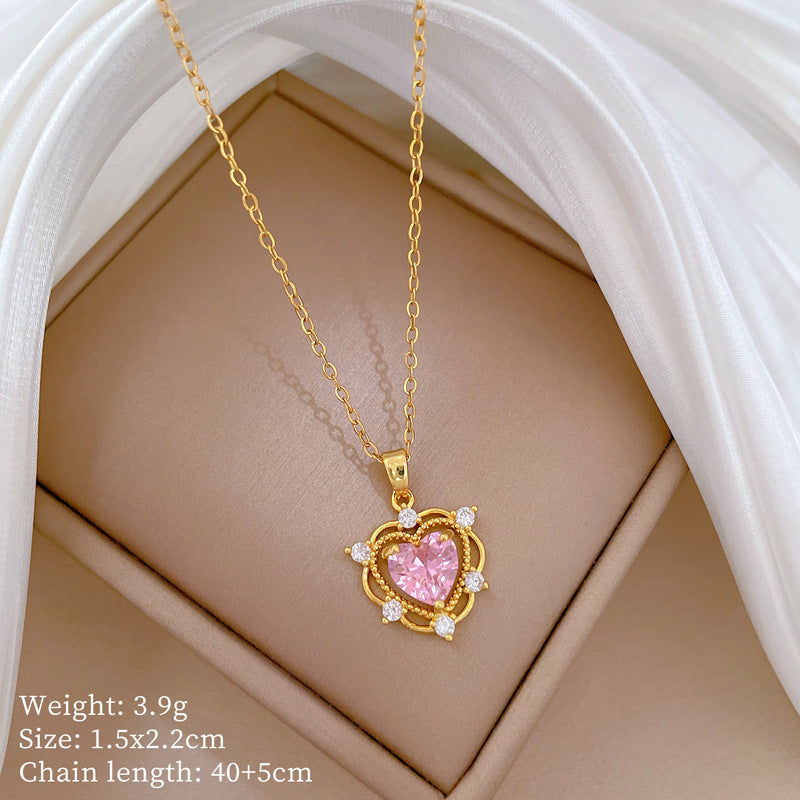 Collana in Stile Cartone Animato con Cuore in Acciaio al Titanio con Pendente in Rame e Intarsio di Strass per Donne e Uomini