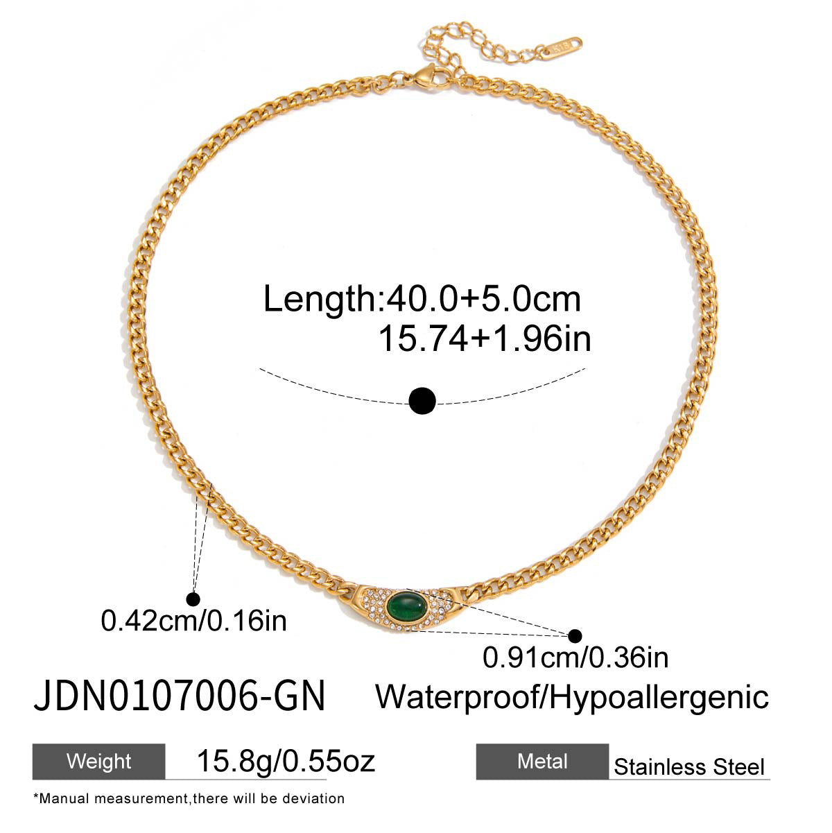Minimalist Green Cubic Zirconia Geometric Triangle Stainless Steel PVD Necklace for Women