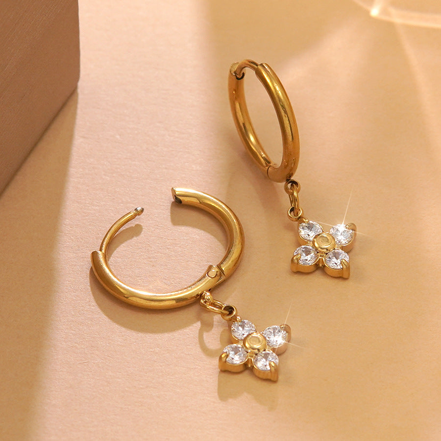 Elegant Floral Cubic Zirconia Inlaid Plated Stainless Steel Earrings for Women