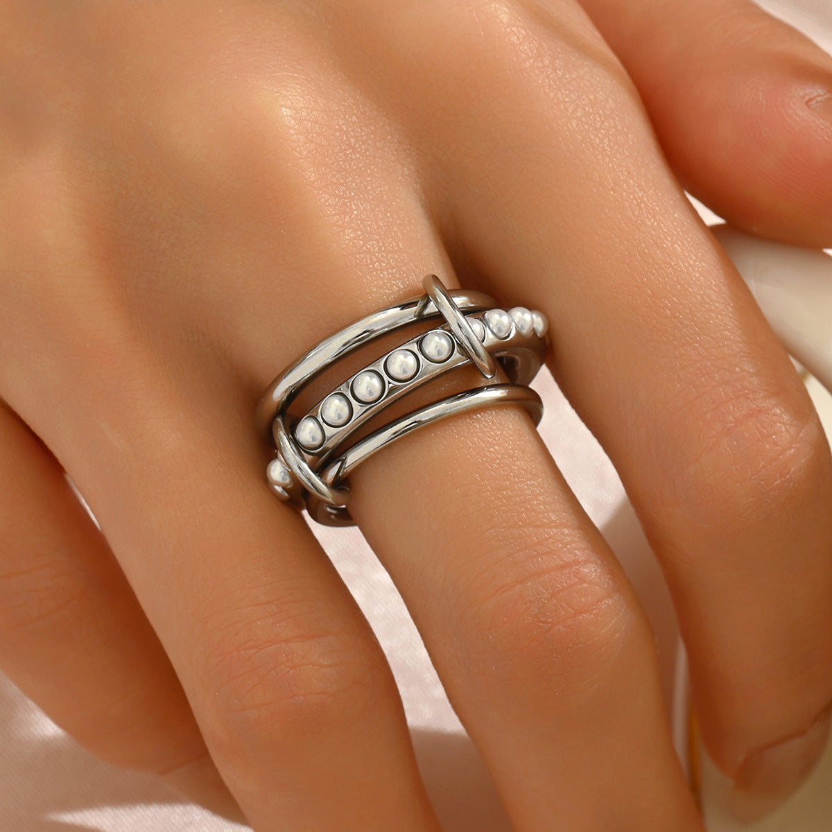Anillo apilable geométrico para mujer con incrustaciones de perlas y banda de cobre, accesorio de moda