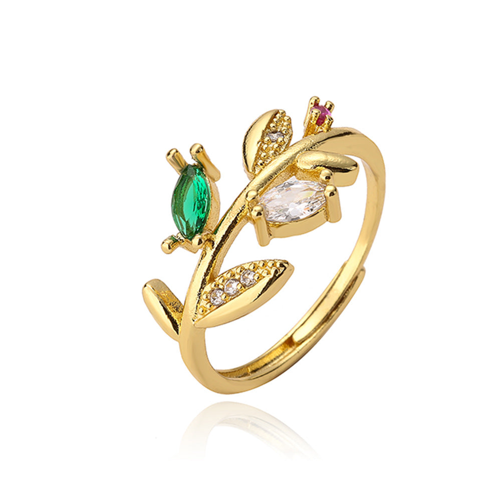 Fashion Minimalist Geometric Butterfly Leaf Floral Open Ring for Women in Brass with Real Gold Plating and Zircon Inlay