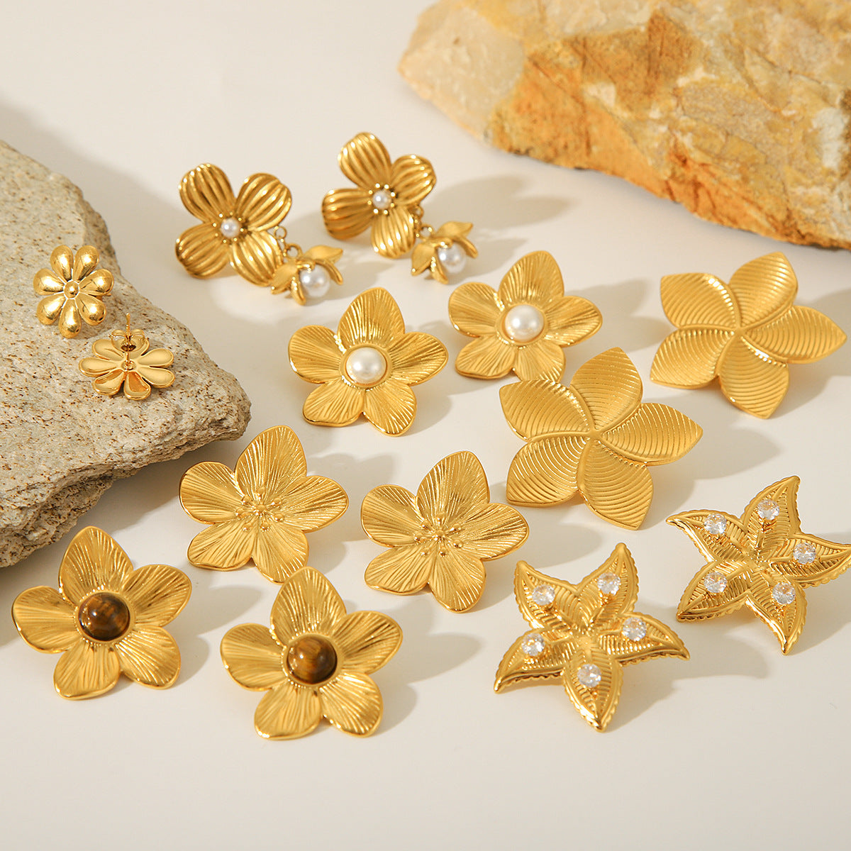 Fashion 18K Gold Plated Textured Five-Petal Flower Stainless Steel Stud Earrings for Women
