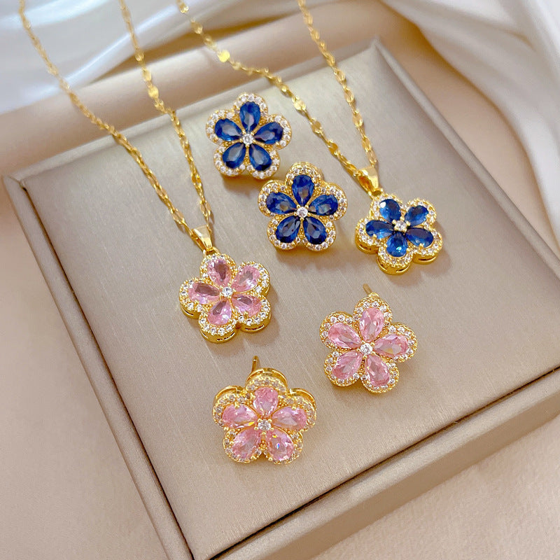Luxury Sweet Flower Necklace and Earrings Set Titanium Steel Plated Jewelry