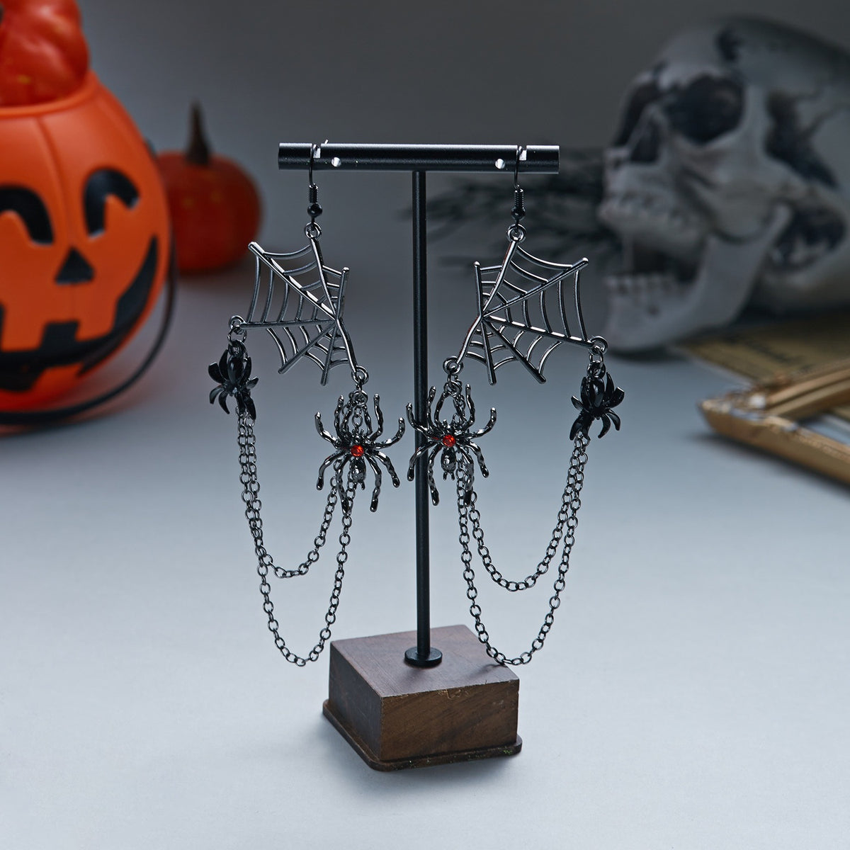 Punk Hollow Spider Web Tassel Earrings Alloy Plated Studs for Unisex