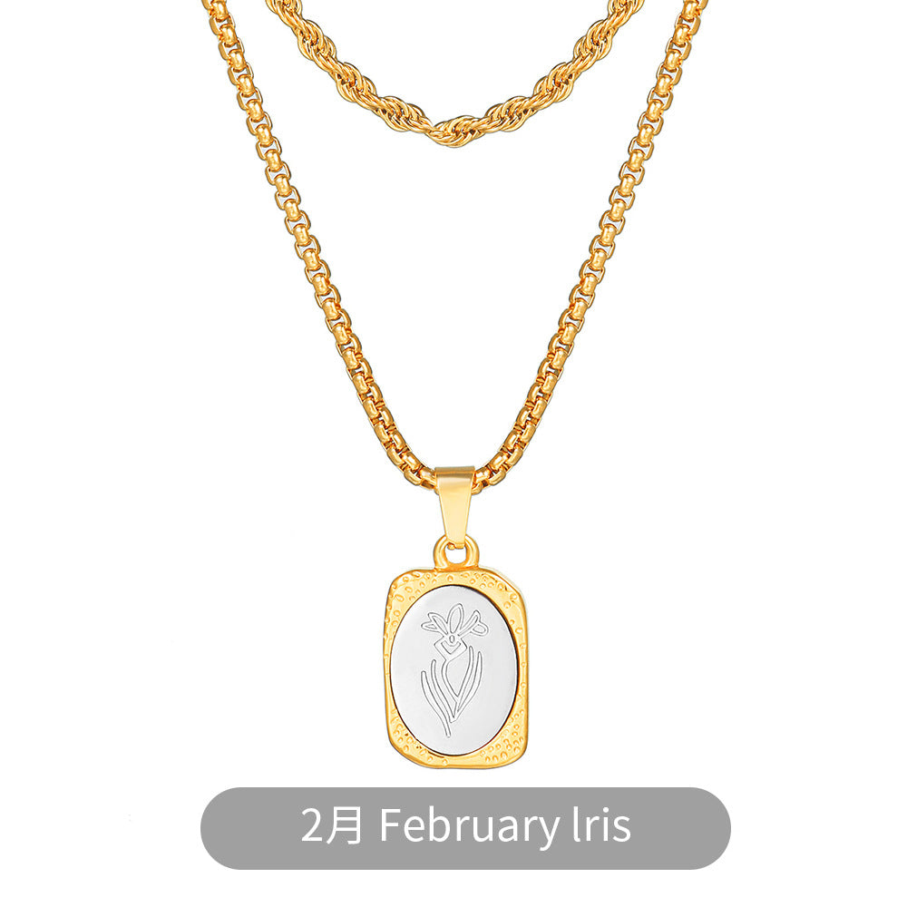 Vintage Two-Tone Gold and Silver Plated Stainless Steel Square Rose Pendant Necklace with Box Chain for Women