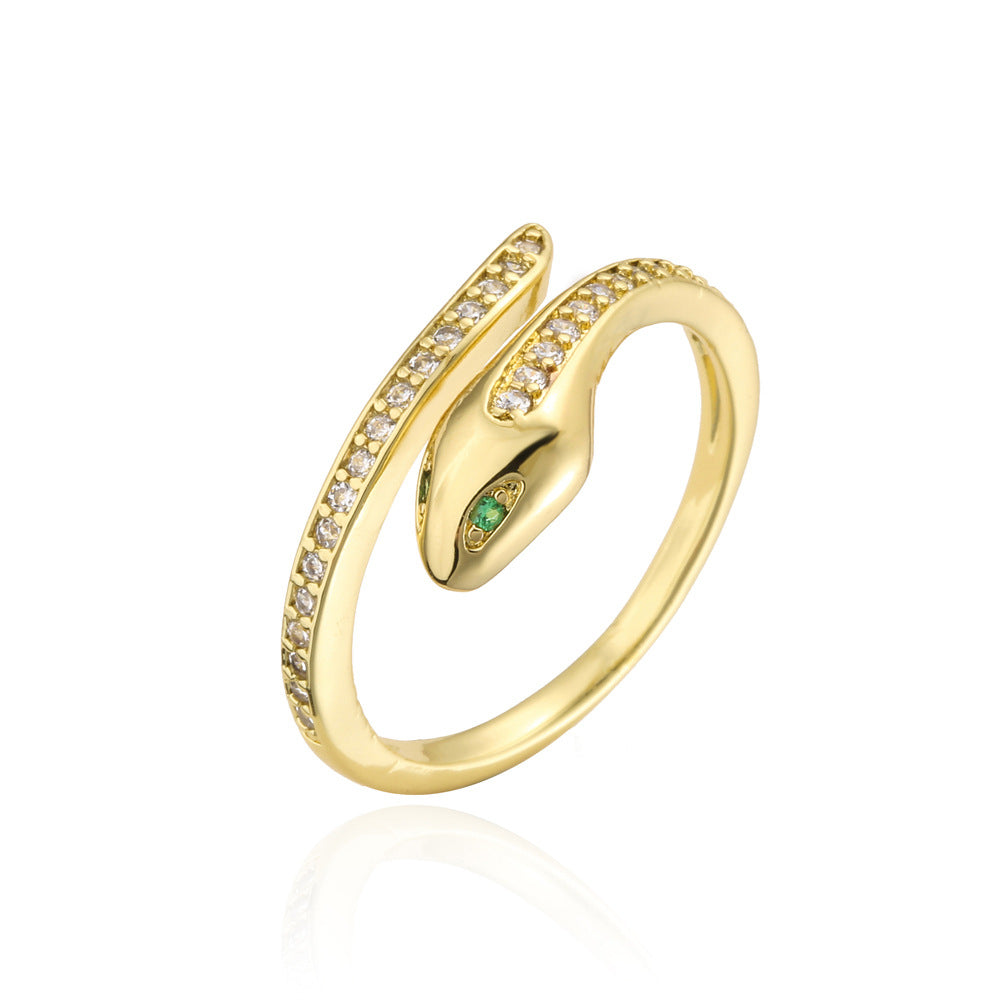 Minimalist Green-Eyed Snake-Shaped Ring for Women in Copper with 18K Gold Plating and Zircon Inlay
