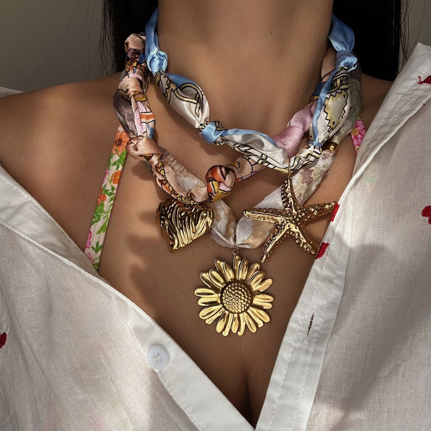 Casual Minimalist Stainless Steel and Silk Necklace with Heart Floral Starfish Pendant for Women