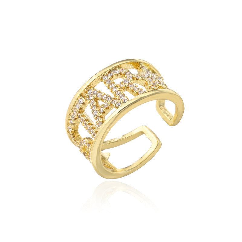 Sweet 18K Gold Plated Geometric Star Brass Ring with Micro-Inlay