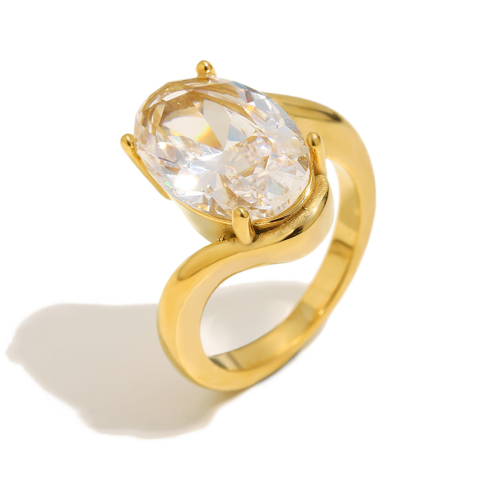 Anillo de lujo minimalista de circonita ovalada de acero inoxidable chapado en oro de 18 quilates para mujer