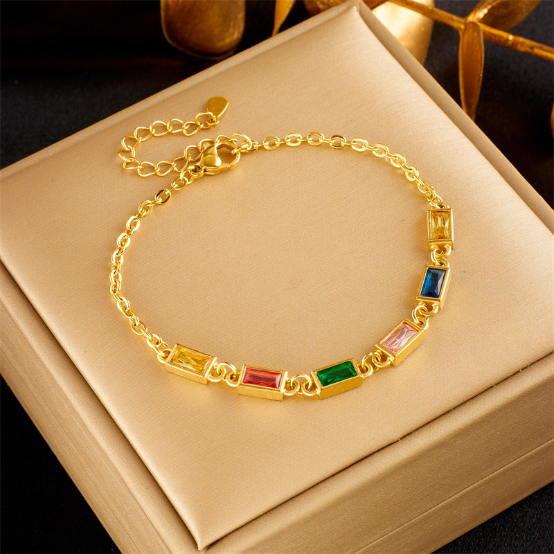Bracciale da donna in acciaio inossidabile con catena impreziosita da strass, stile retrò minimalista