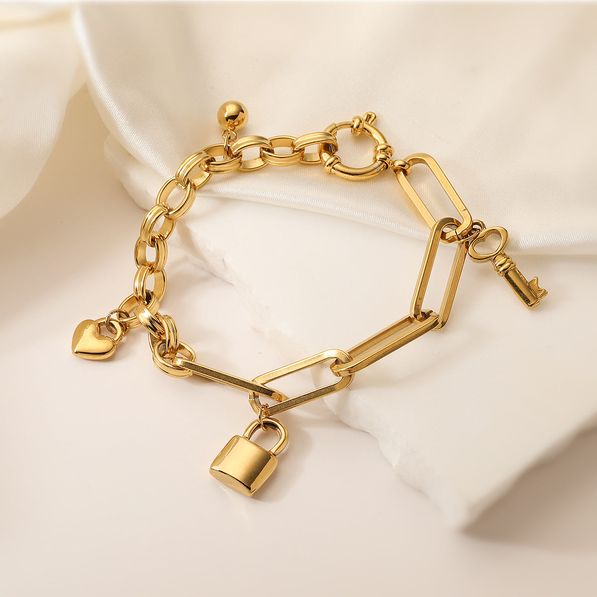 Minimalist Heart Lock Key Pendant Bracelet for Women in Titanium Steel with 18K Gold Plating