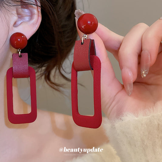 Orecchini a perno da donna in pelle floccata rossa geometrica con perni in acciaio inossidabile
