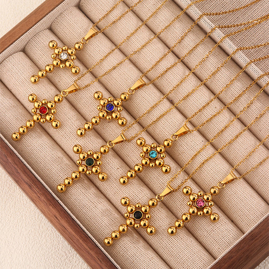 Vintage Gold Plated Cross Titanium Steel Necklace with Cubic Zirconia Pendant Cable Chain