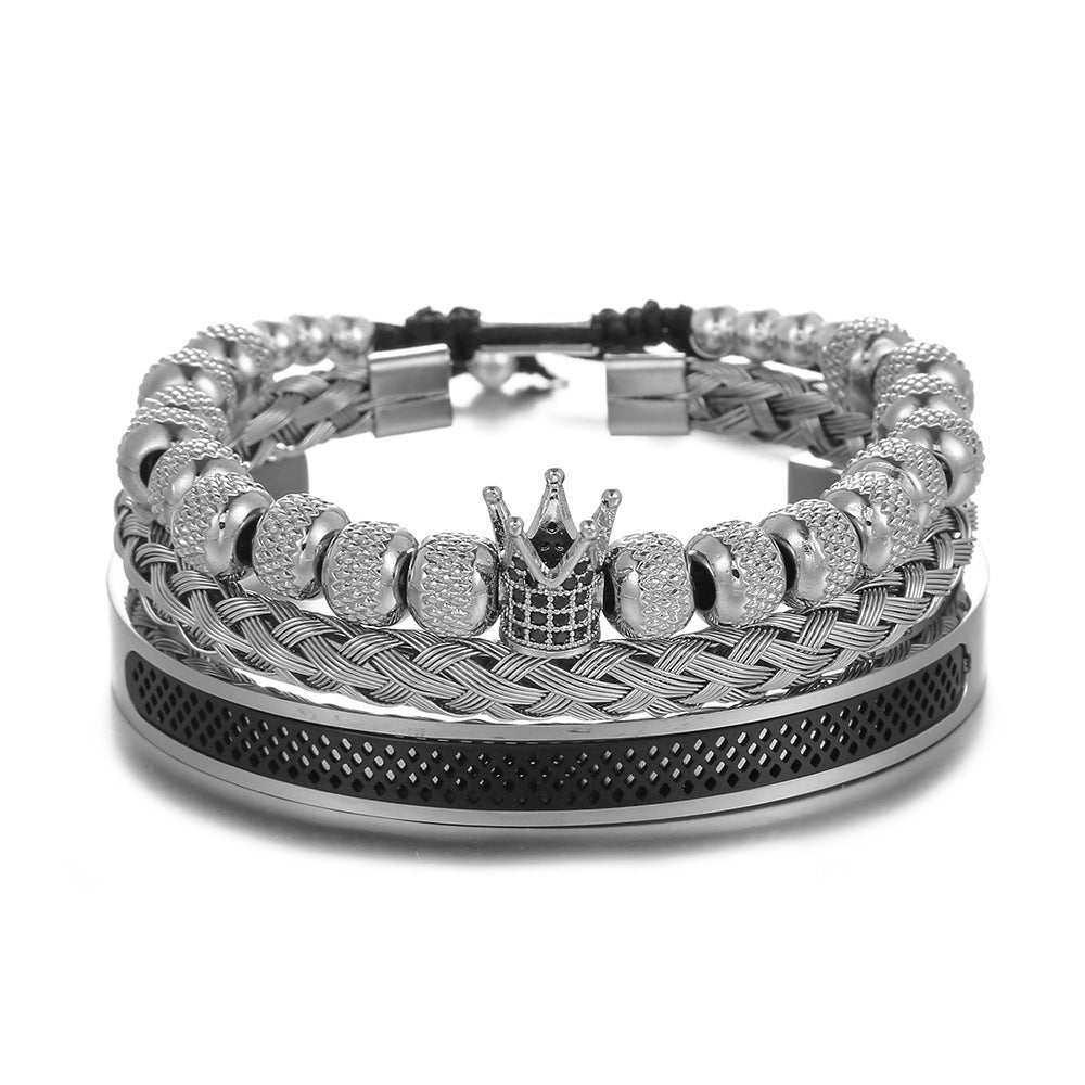 Geometric Crown Copper Inlaid Cubic Zirconia Titanium Steel Stainless Steel Mesh Cuff Bracelet Set