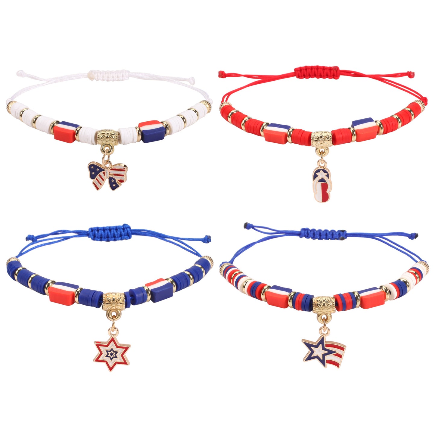 Patriotic American Flag Woven Adjustable Bracelet with Heart Star Butterfly Round Crystal Charms Red White Blue Unisex Jewelry