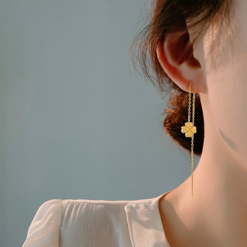 Minimalist Geometric Four-Leaf Clover Titanium Steel Drop Earrings for Women