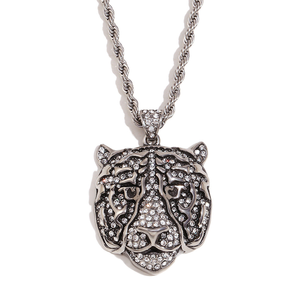 Hip Hop Style Tiger Face Pendant Necklace for Men Stainless Steel with 18K Gold Plating and Full Rhinestone Inlay on Twisted Chain