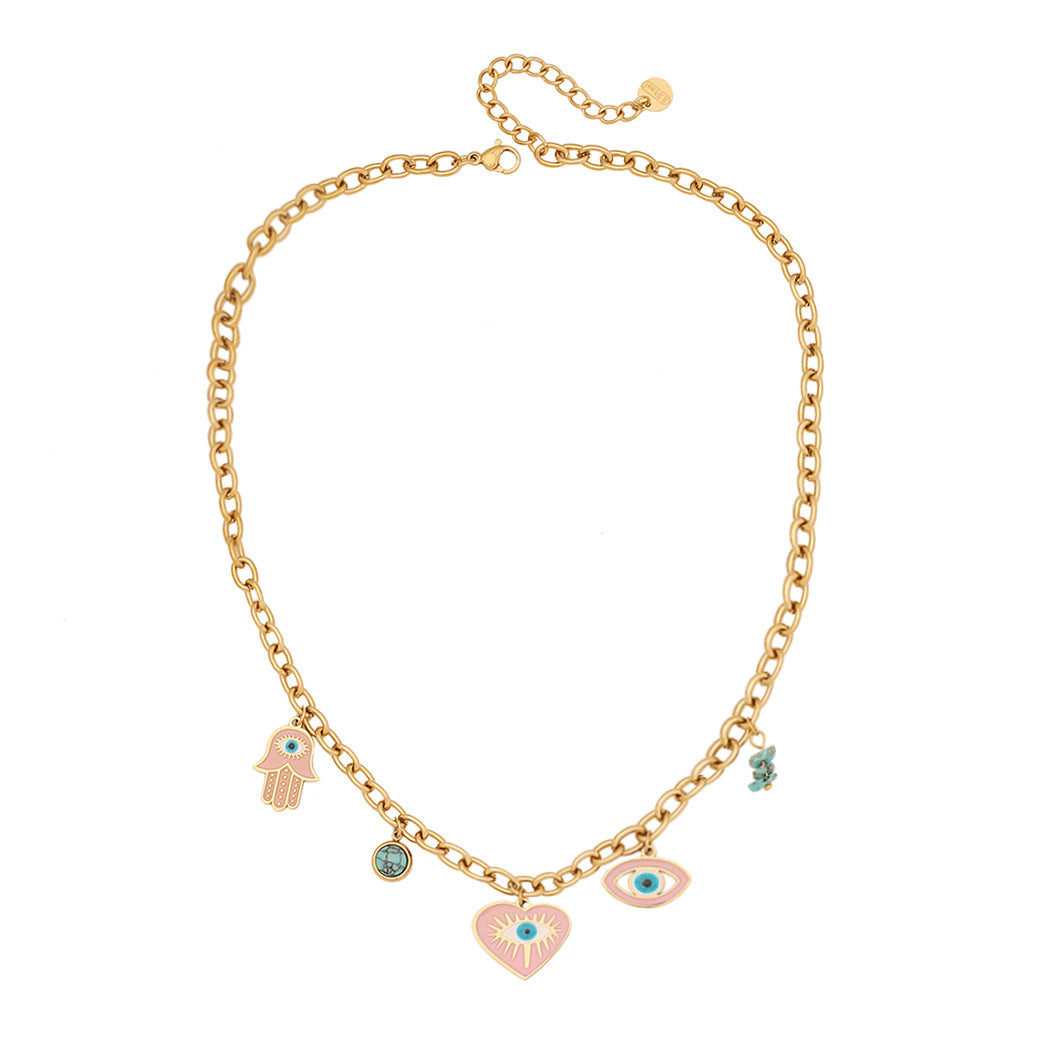 Playful Heart-Shaped Enamel Stainless Steel Pendant Necklace with Hand Design and Cross Chain for Women