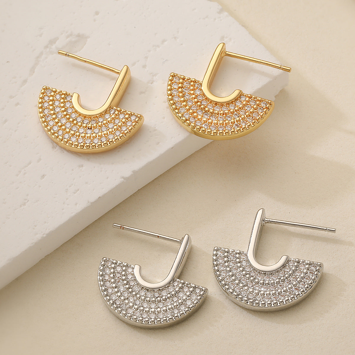 Minimalist Elegant Geometric Gold Plated Brass Cubic Zirconia Earrings for Women