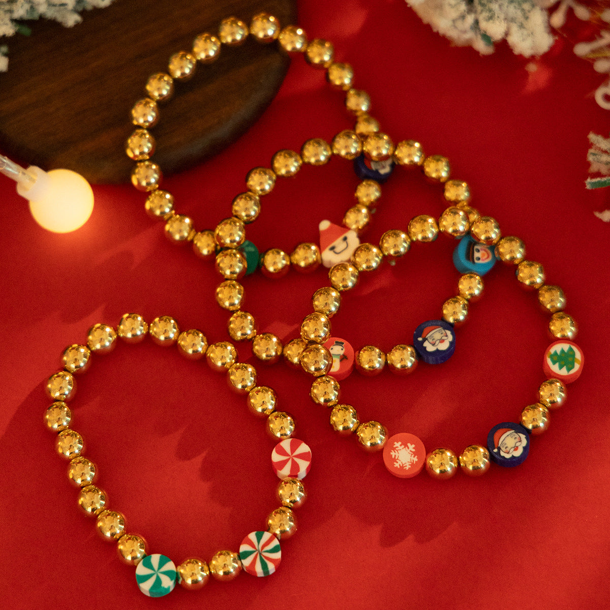 Conjunto de Pulseras de Arcilla Polimérica Hechas a Mano Estilo Dibujo Animado de Navidad con Cuentas de Letras de Muñeco de Nieve, Corazones, Estrellas y Formas Geométricas para Mujer
