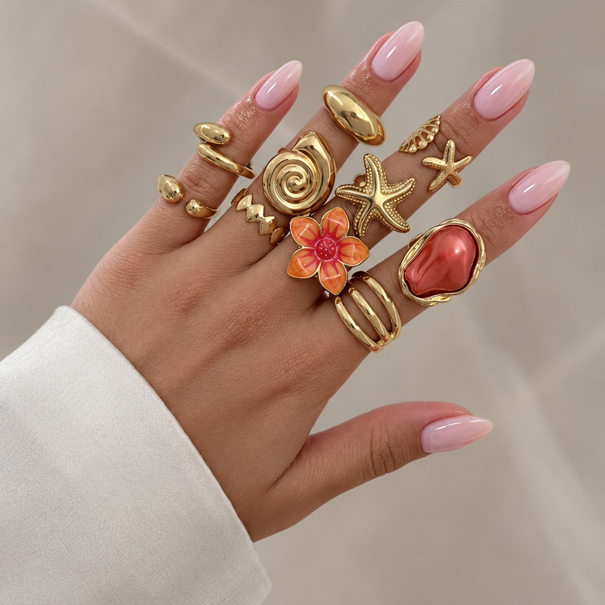 Sweet Floral Starfish Shell Zinc Alloy Plated Drip Oil Faux Pearl Open Ring for Women