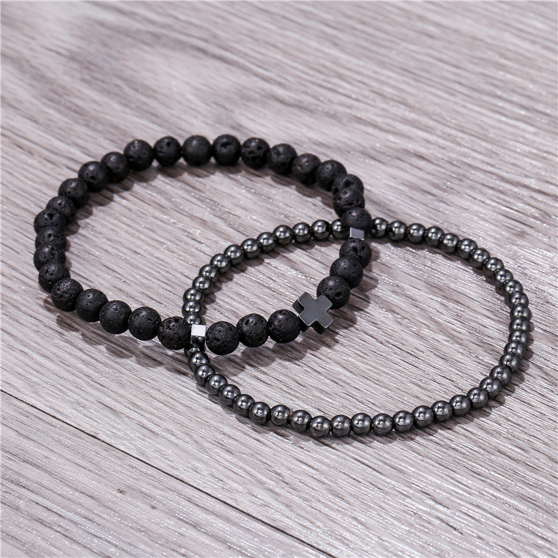 Fashion Geometric Hematite and Lava Stone Beaded Bracelet Set for Men and Women