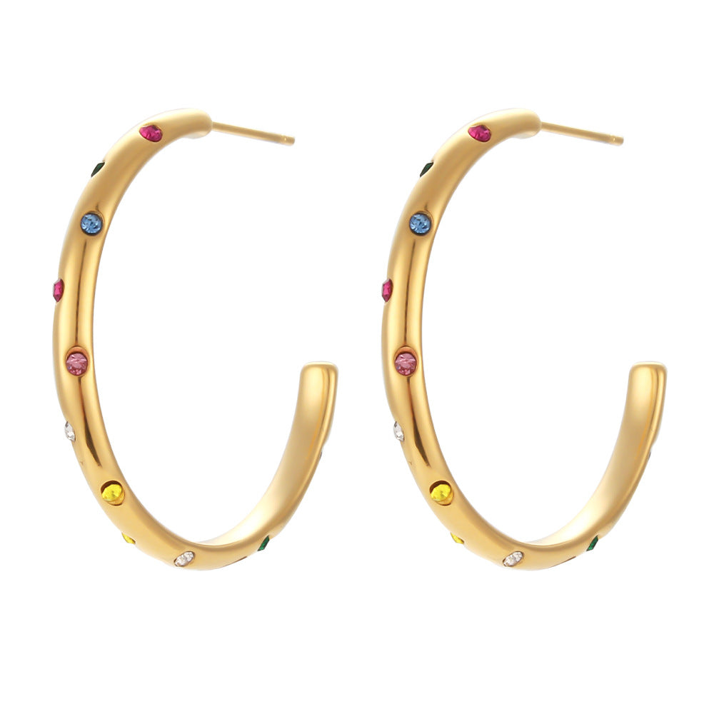 Fashion Geometric Stainless Steel 18K Gold Plated Large Cubic Zirconia Inlay Hoop Earrings for Women