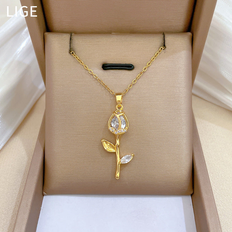 Luxury Titanium Steel Geometric Tulip Rhinestone Pendant Necklace for Women with Adjustable Chain