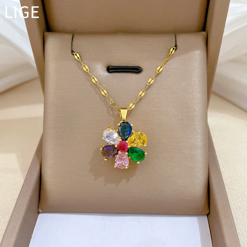 Sweet Elegant Geometric Floral Rhinestone Plated Titanium Steel Necklace with Brass Pendant for Unisex
