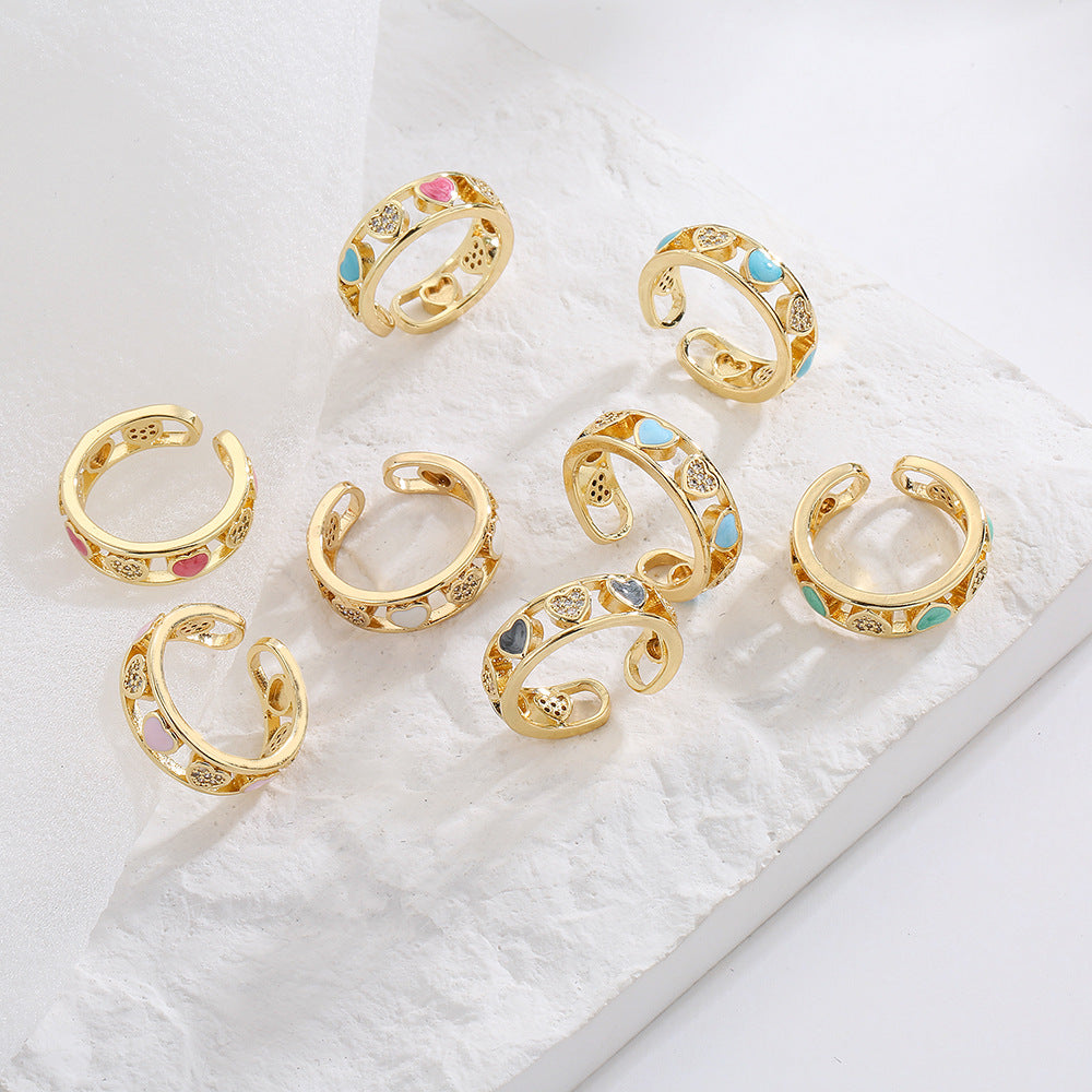 Anello geometrico minimalista in rame placcato oro 18K con intarsio a cuore in strass da donna