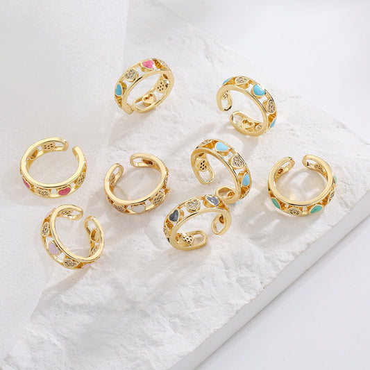 Minimalist Geometric Copper Ring with 18K Gold Plating and Rhinestone Inlay Heart Design for Women