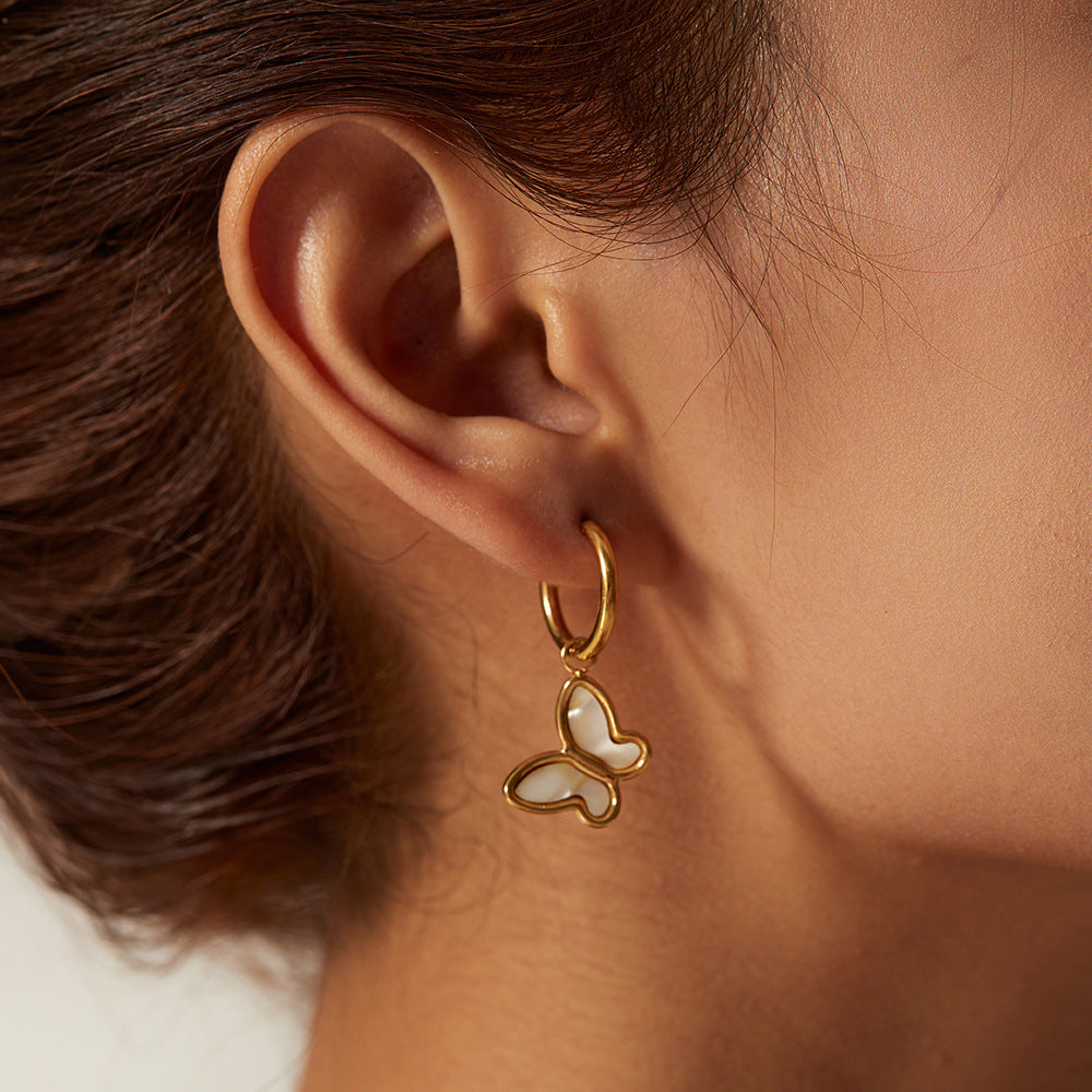 Minimalist Butterfly 18K Gold Plated Stainless Steel Necklace and Earrings Set with Natural White Shell