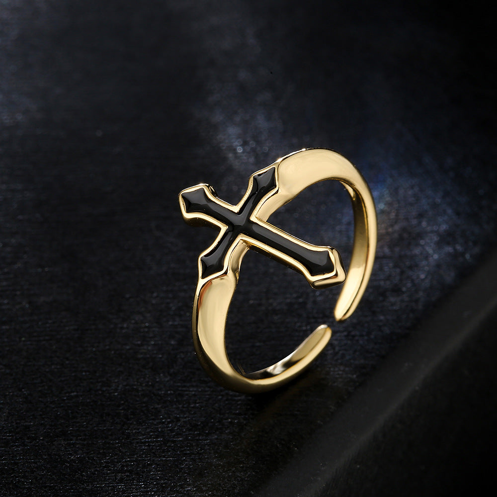 Minimalist Geometric Open Ring for Women with Copper Base Plated in 18K Gold and Micro-Paved Zirconia with Enamel Finish